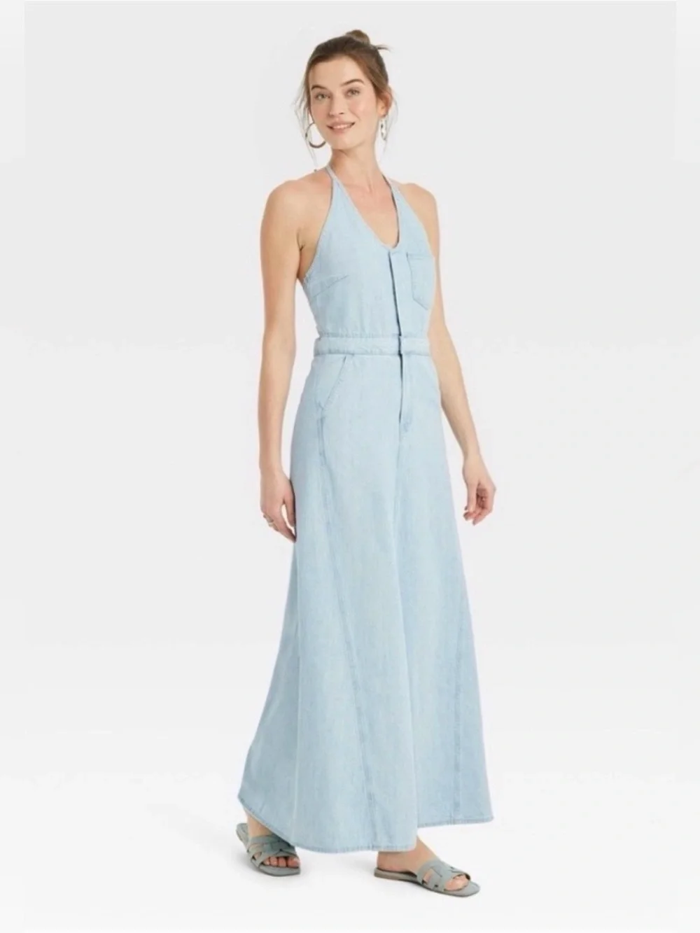 Universal Thread Light Wash Denim Halter Maxi Dress Open Back Pockets Size 12 - Picture 2 of 12